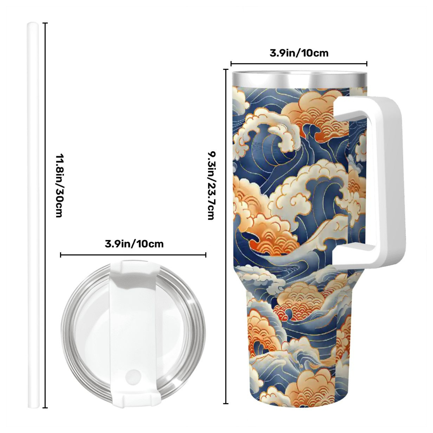 Tumbler with wave design and measurements on a white background