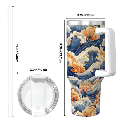 Tumbler with wave design and measurements on a white background