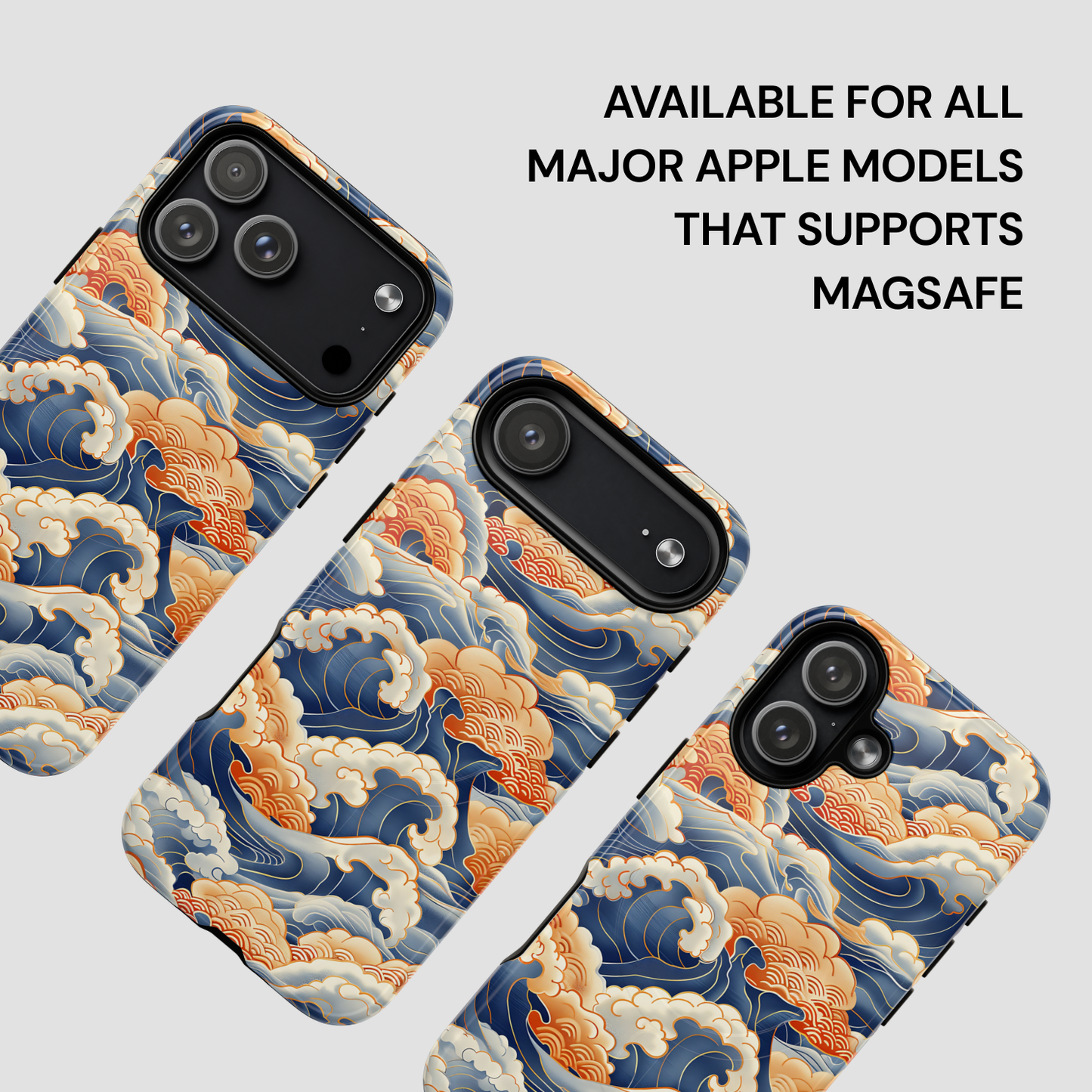 Phone case with wave design on a gray background, featuring text about compatibility with Apple models.