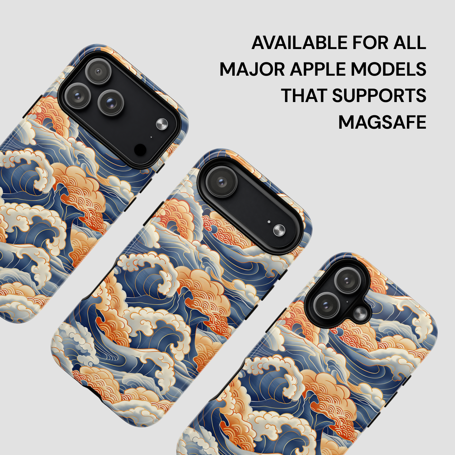 Phone case with wave design on a gray background, featuring text about compatibility with Apple models.