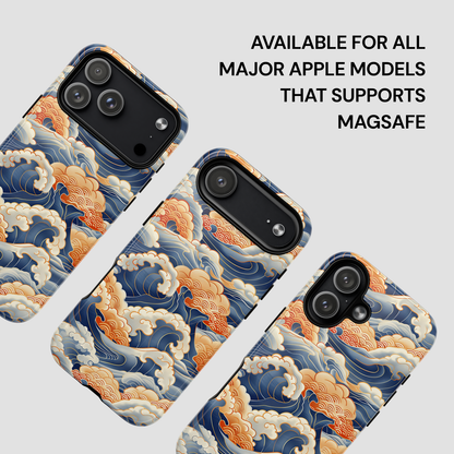 Phone case with wave design on a gray background, featuring text about compatibility with Apple models.