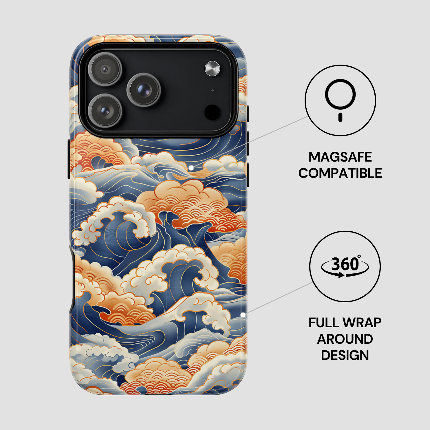 Phone case with wave design and Magsafe compatibility on a gray background
