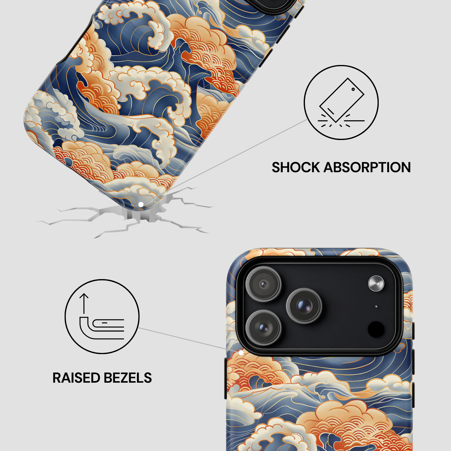 Phone case with wave design and features labeled on a light gray background