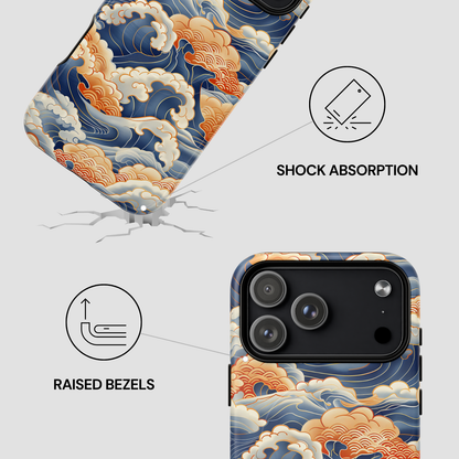 Phone case with wave design and features labeled on a light gray background