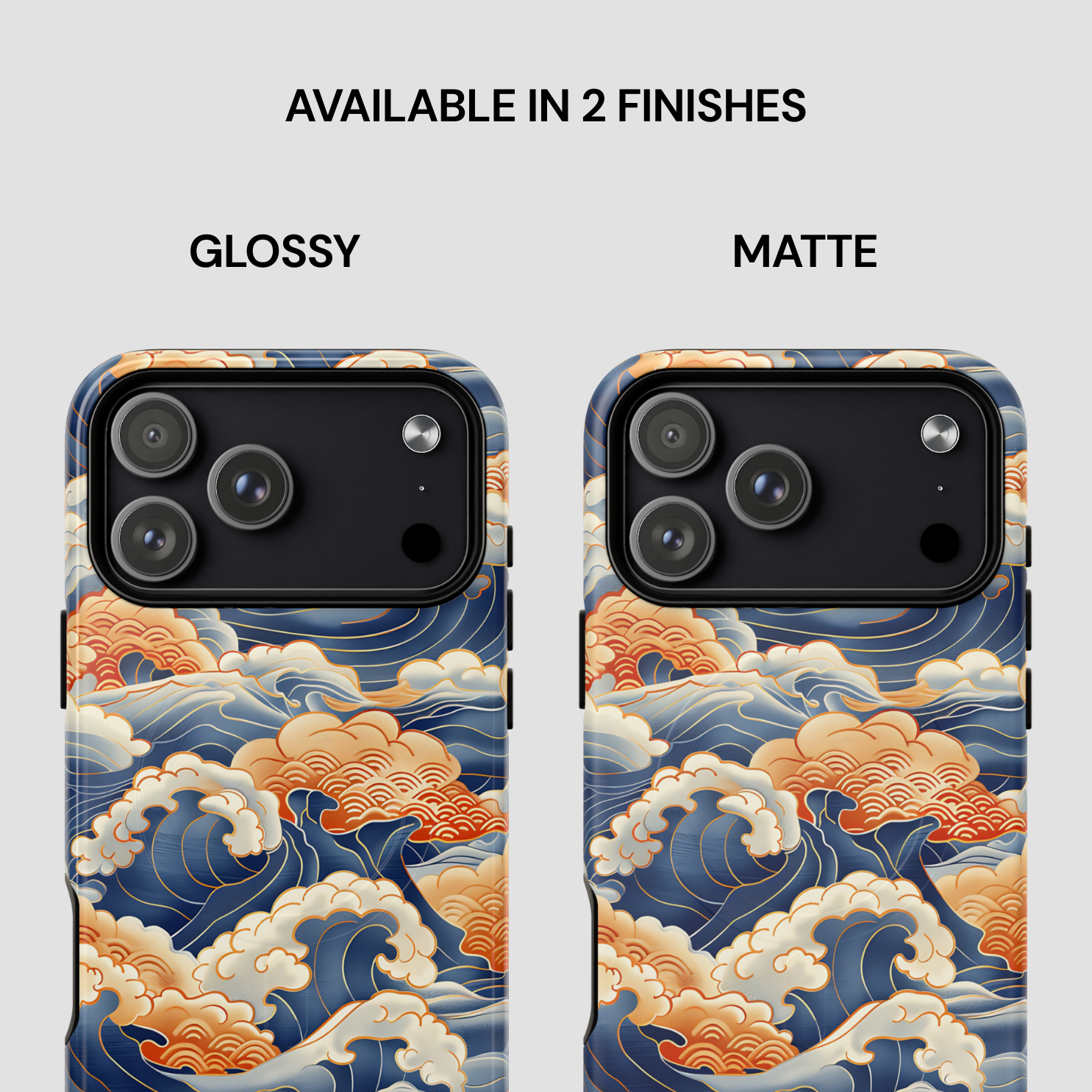 Two phone cases with wave design, one glossy and one matte, on a light gray background.