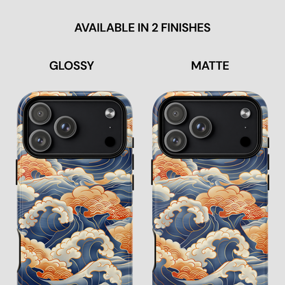 Two phone cases with wave design, one glossy and one matte, on a light gray background.