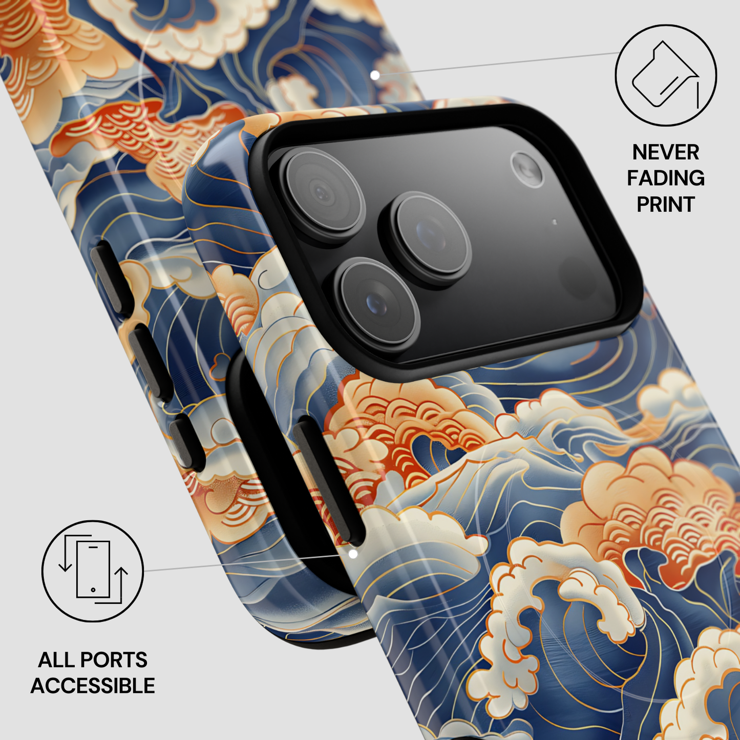 Phone case with wave design and text about print quality and port accessibility