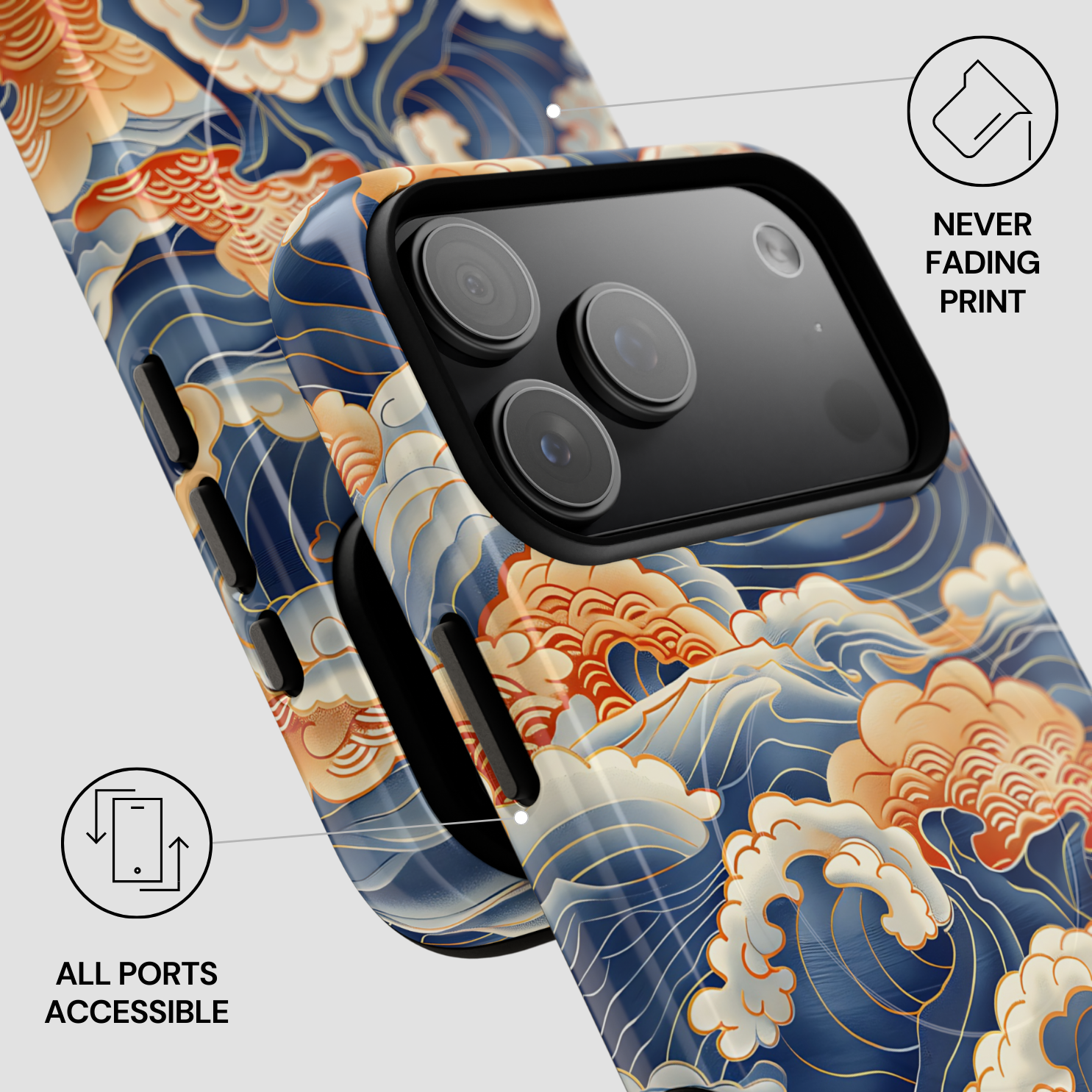 Phone case with wave design and text about print quality and port accessibility