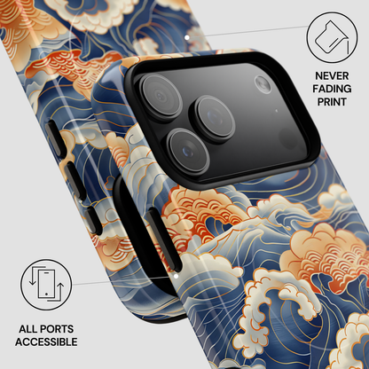Phone case with wave design and text about print quality and port accessibility