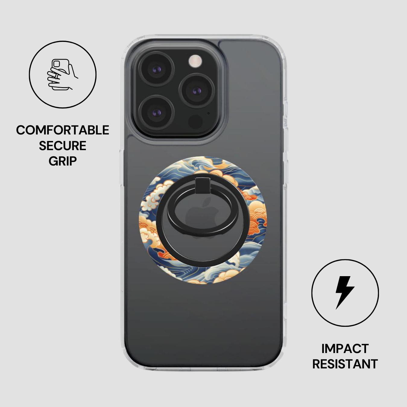 Phone case with ring holder and text about comfort, security, and impact resistance on a light gray background