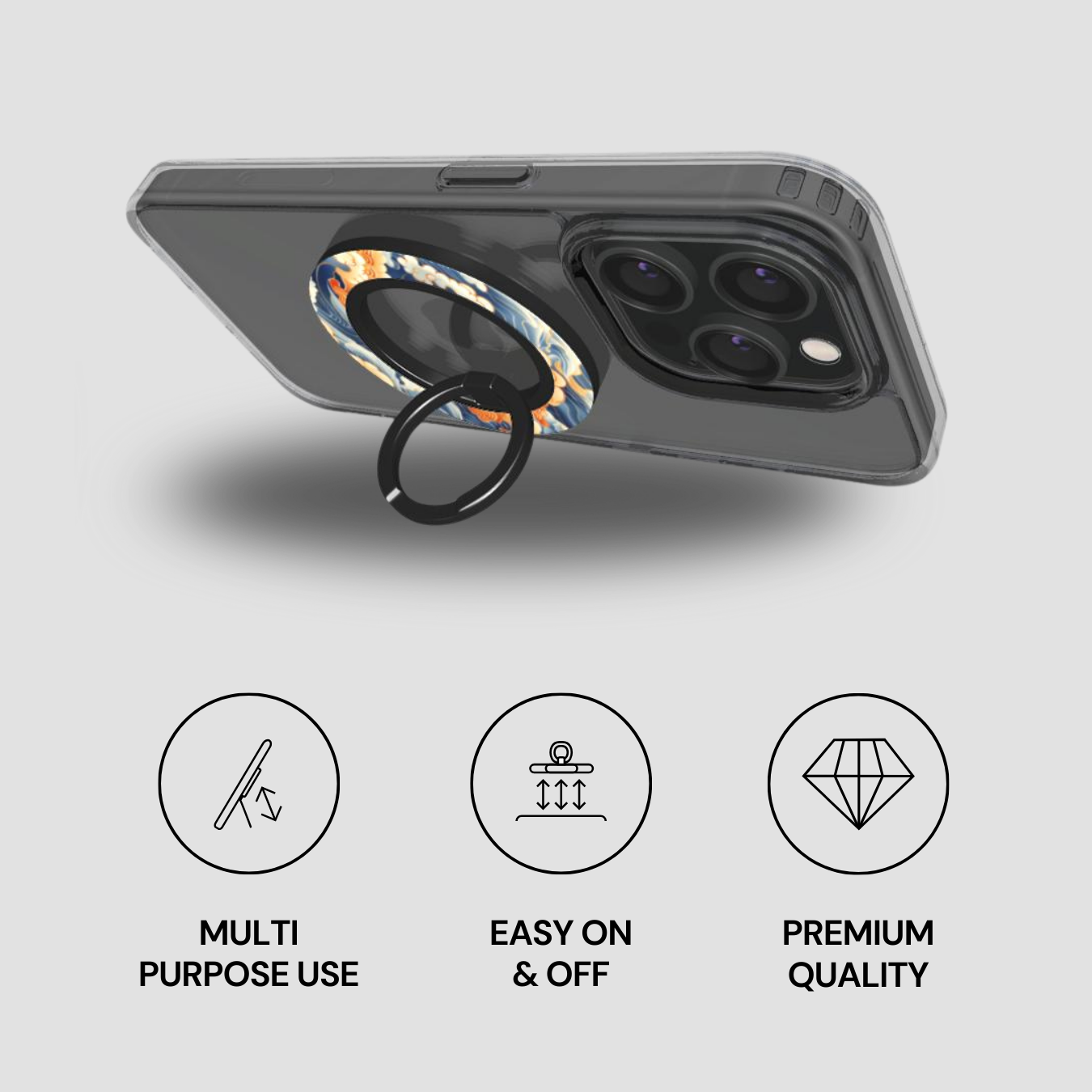 Phone case with ring holder on a gray background