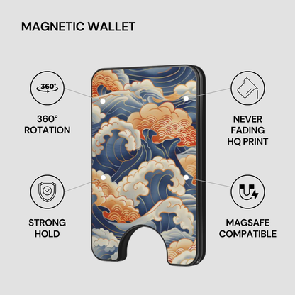 Kumo Nami magnetic wallet with universal compatibility, premium finish, slim and lightweight, and contactless friendly feature icons.
