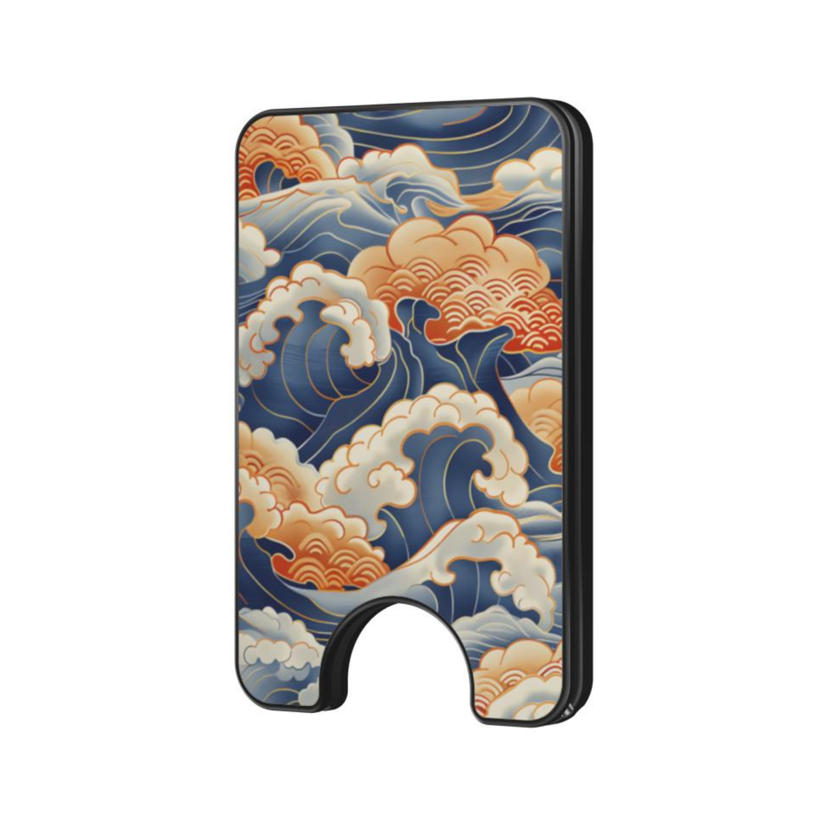 Kumo Nami magnetic wallet with blue, cream, and warm orange wave pattern on a plain background