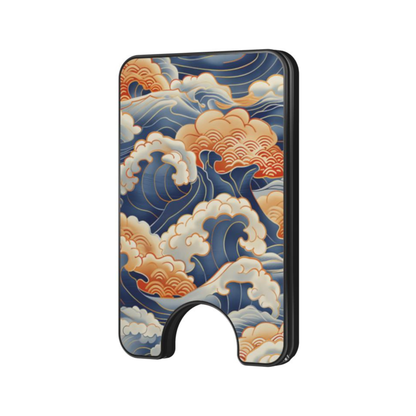 Kumo Nami magnetic wallet with blue, cream, and warm orange wave pattern on a plain background