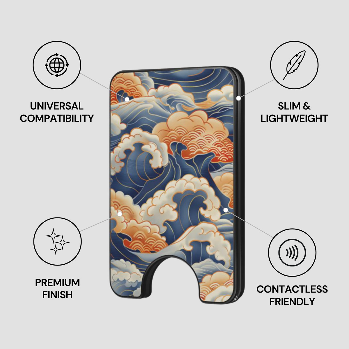 Kumo Nami magnetic wallet with universal compatibility, premium finish, slim and lightweight, and contactless friendly feature icons