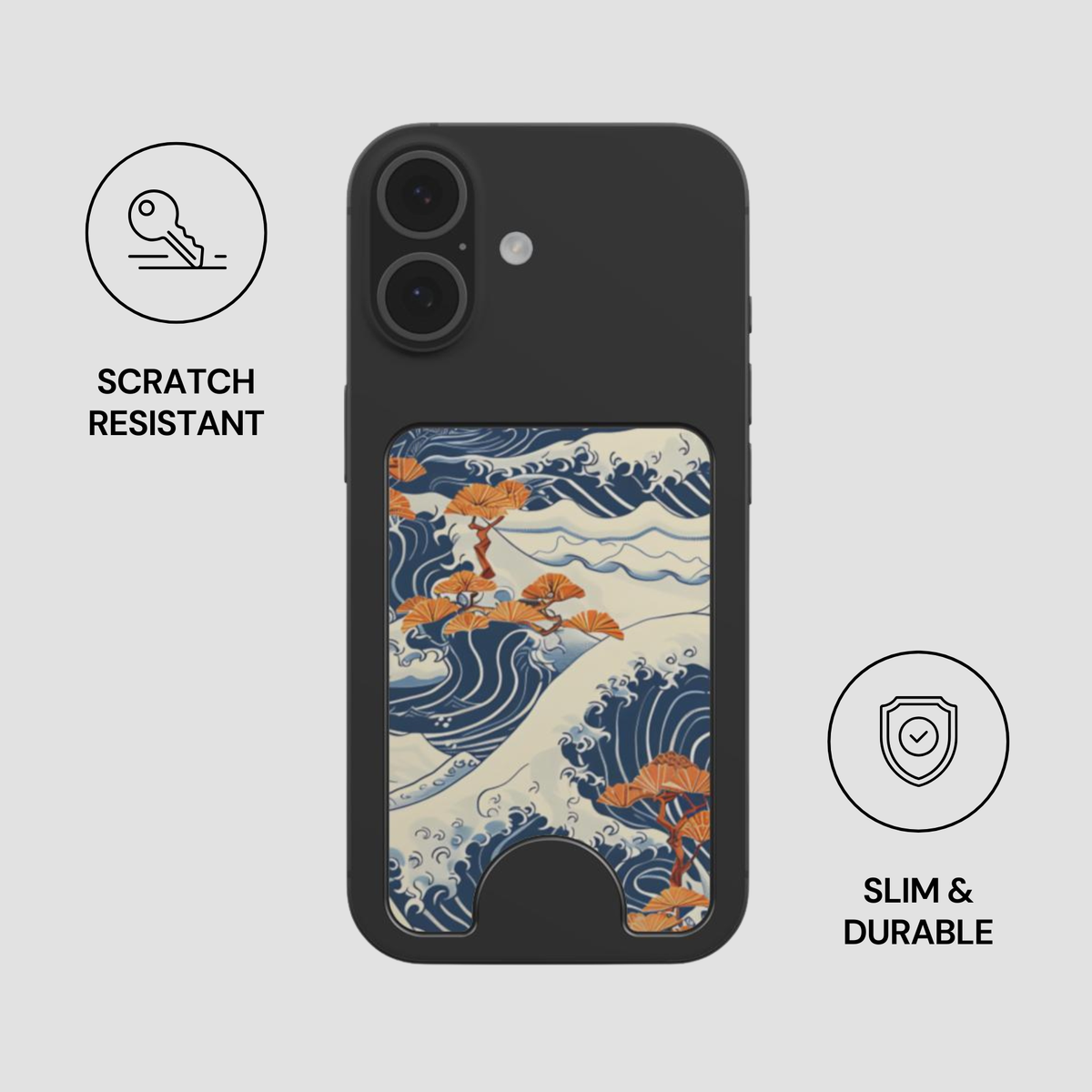 Kumo Nami magnetic wallet attached to a black phone with scratch resistant and slim and durable feature icons