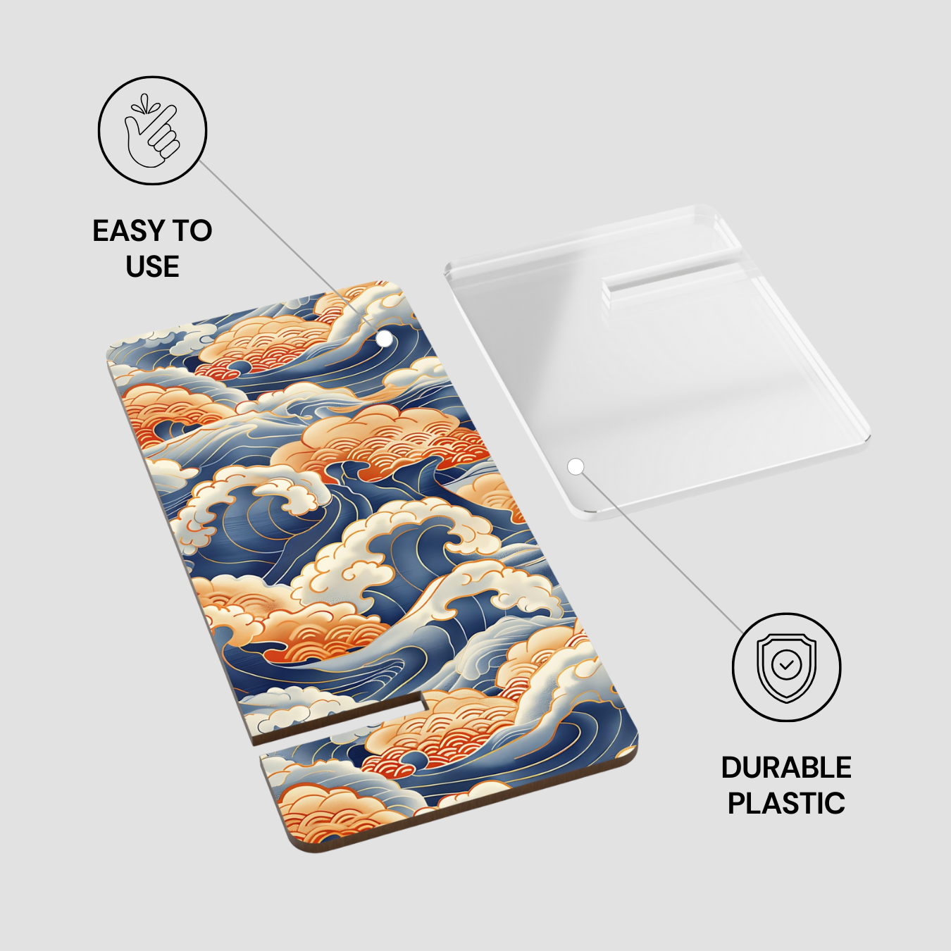 Phone case with wave design and text indicating ease of use and durable plastic on a white background