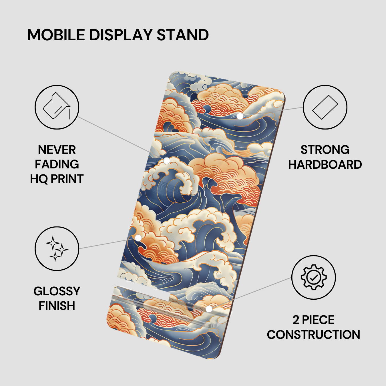 Mobile display stand with wave design and feature text on a gray background