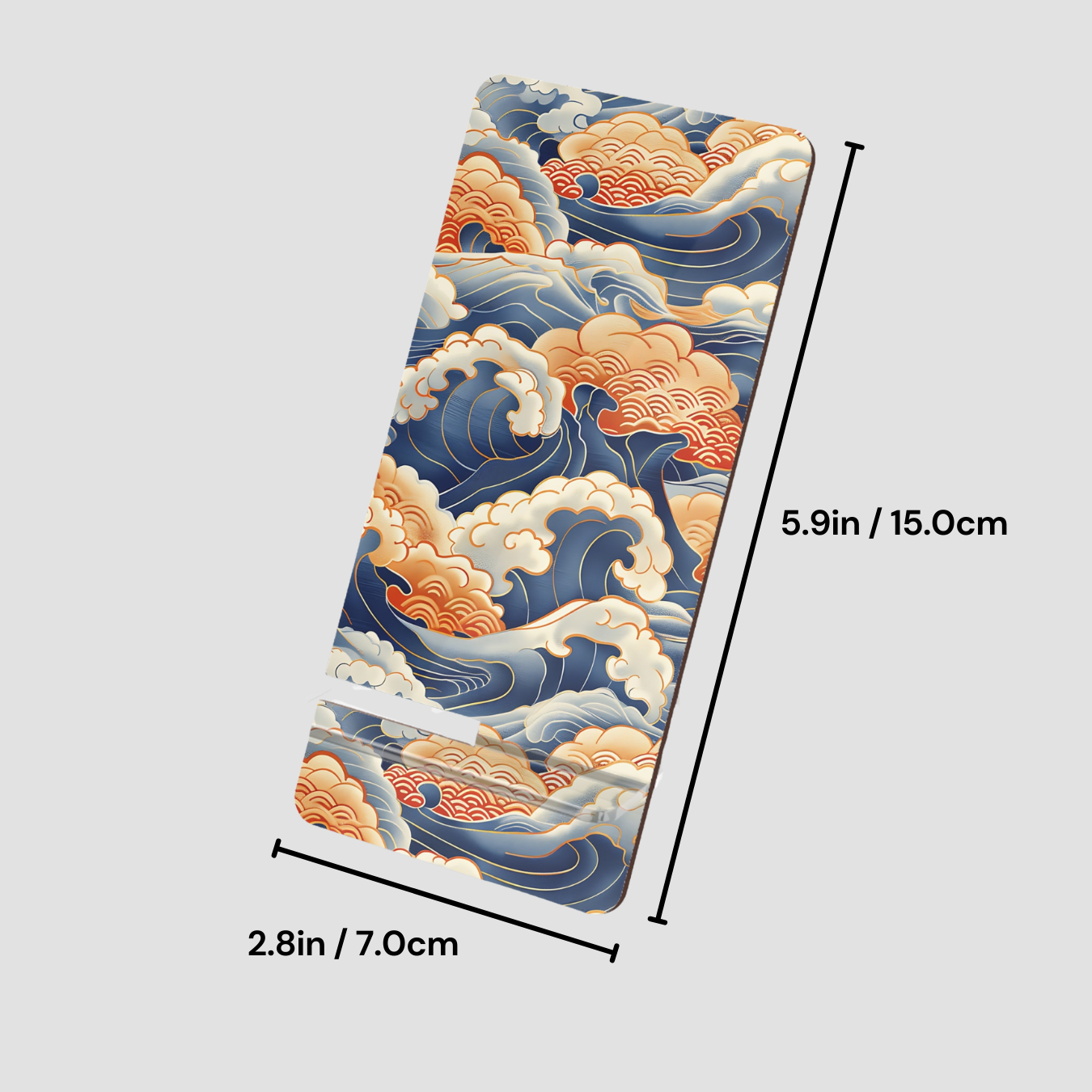 Mobile Display Stand with wave pattern and measurements on a light gray background