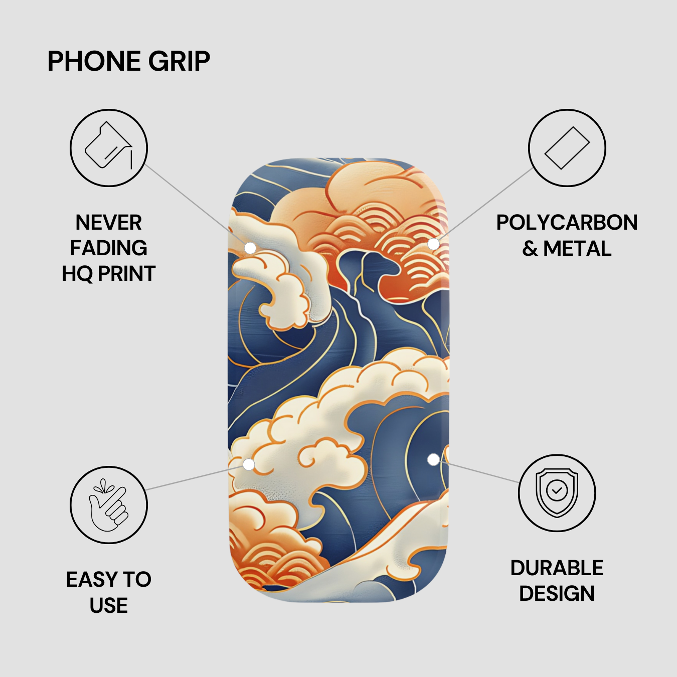 Phone grip with wave design and feature text on a gray background | Casenari