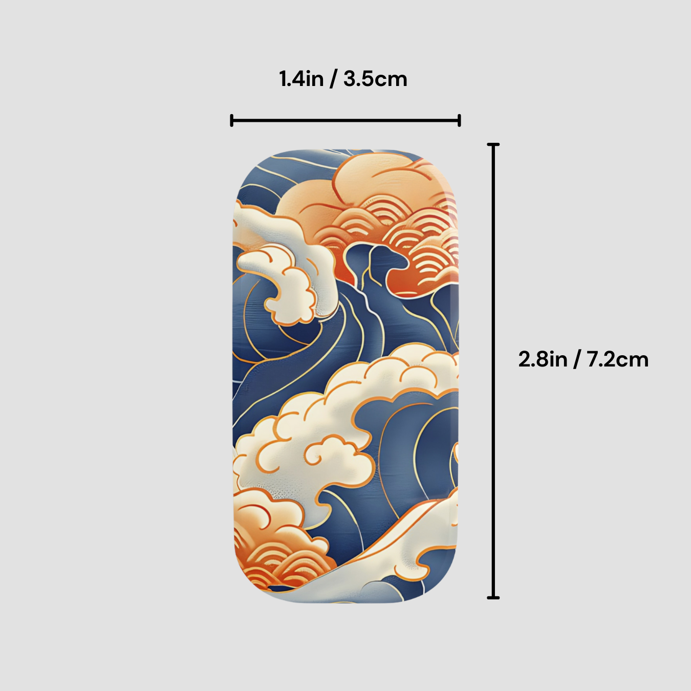 Phone grip with wave design and measurements on a gray background