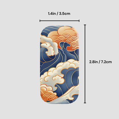 Phone grip with wave design and measurements on a gray background