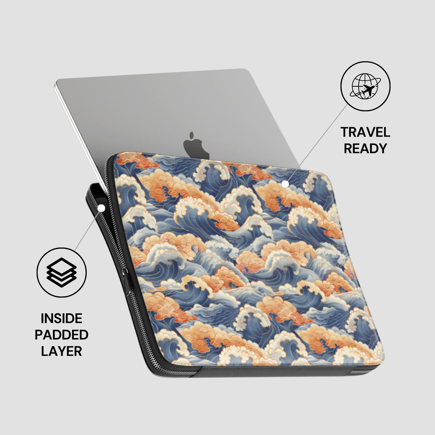 Laptop with a wave patterned case on a light gray background