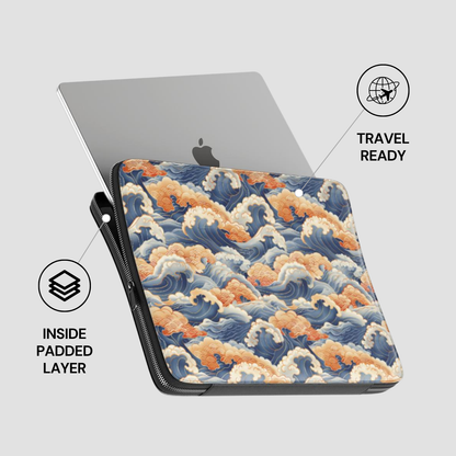 Laptop with a wave patterned case on a light gray background