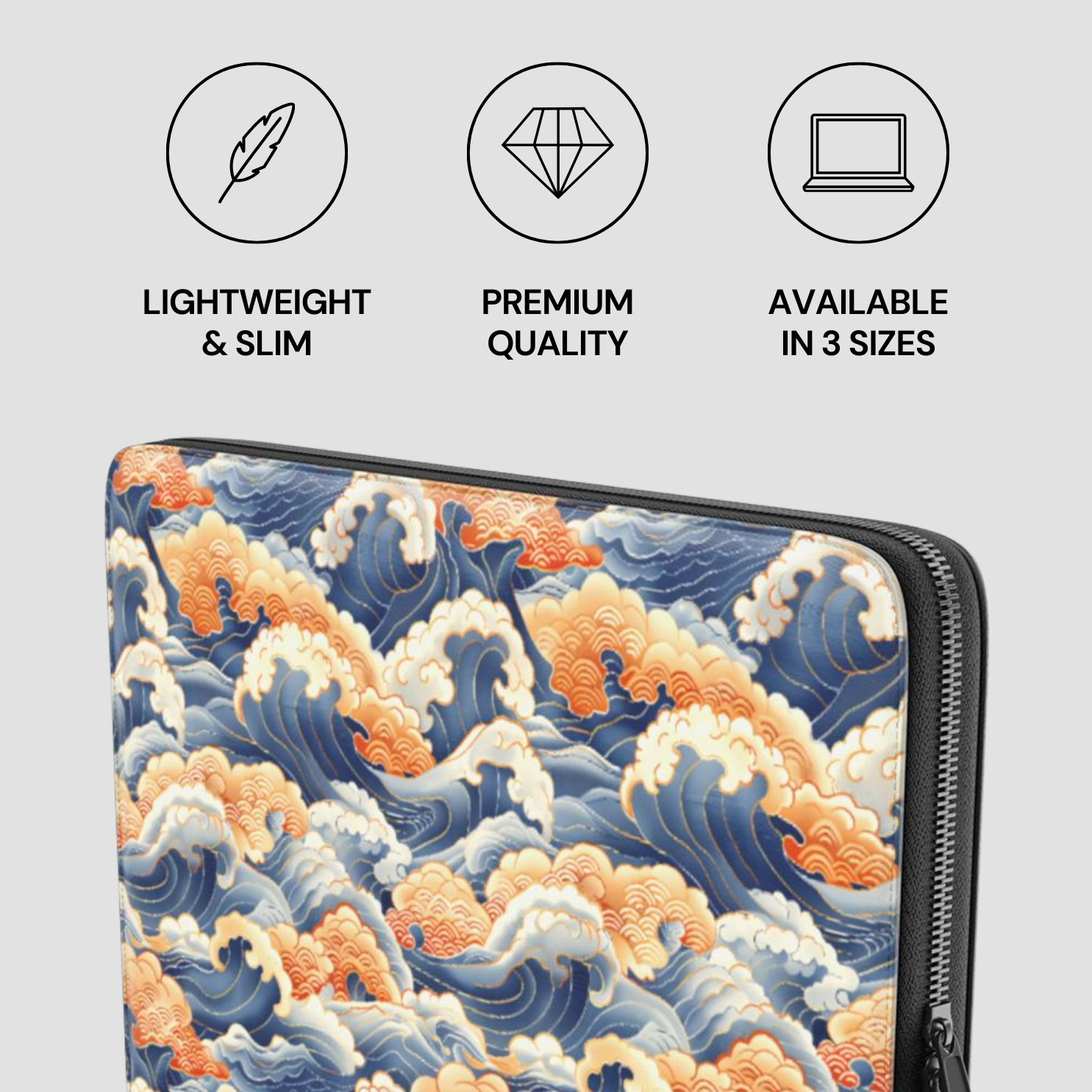 Laptop sleeve with wave design and product features on a light gray background