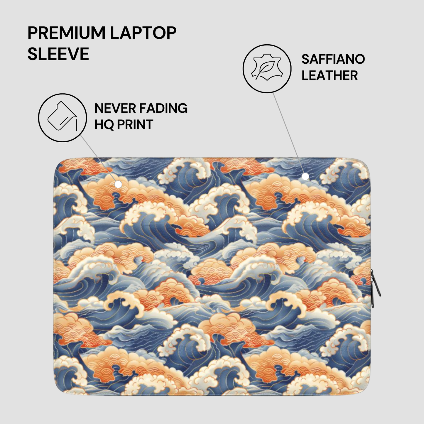 Laptop sleeve with wave design and text highlighting features on a light gray background