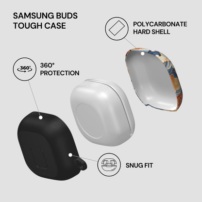 Samsung Buds Tough Case with features highlighted on a light gray background