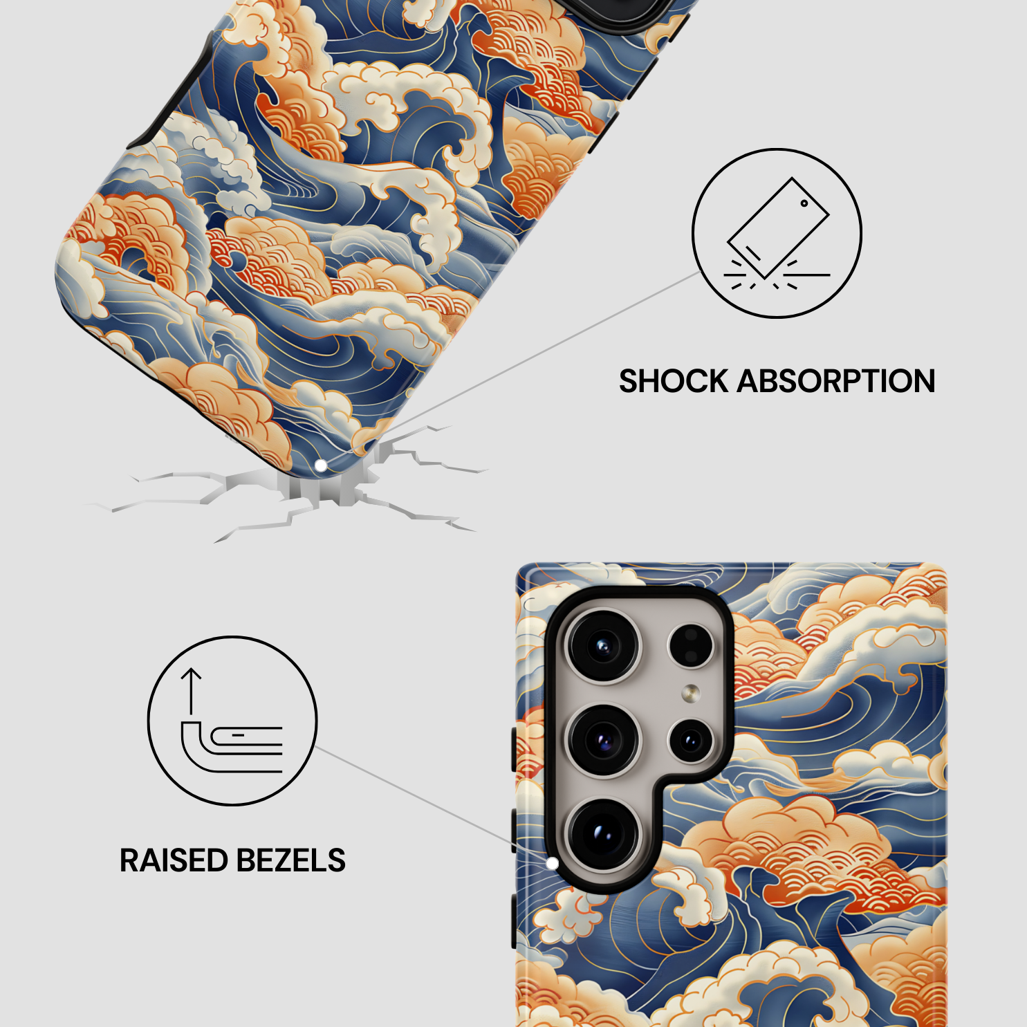 Phone case with wave design and features labeled on a white background