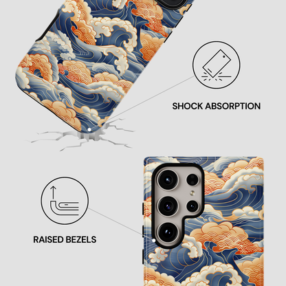 Phone case with wave design and features labeled on a white background