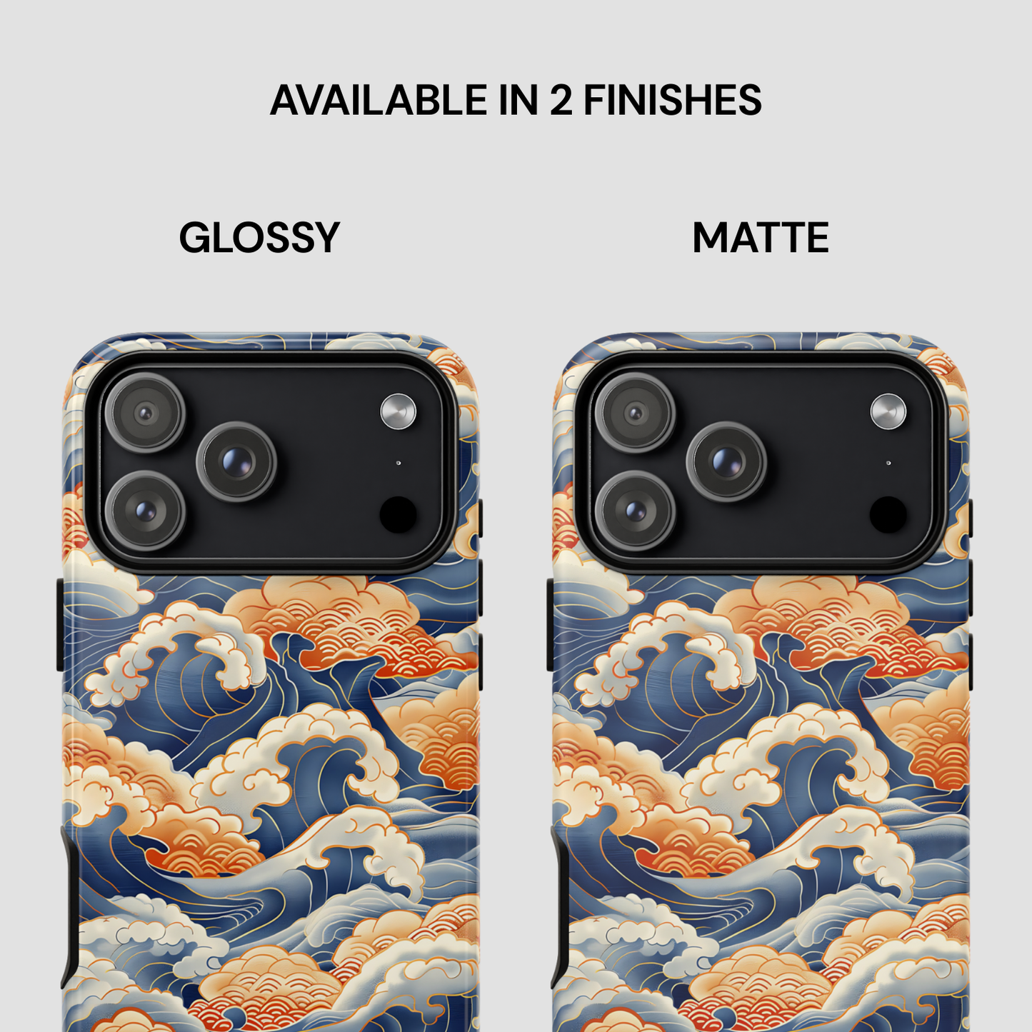 Two phone case designs with wave pattern, one glossy and one matte, on a white background.