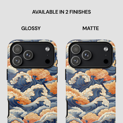 Two phone case designs with wave pattern, one glossy and one matte, on a white background.
