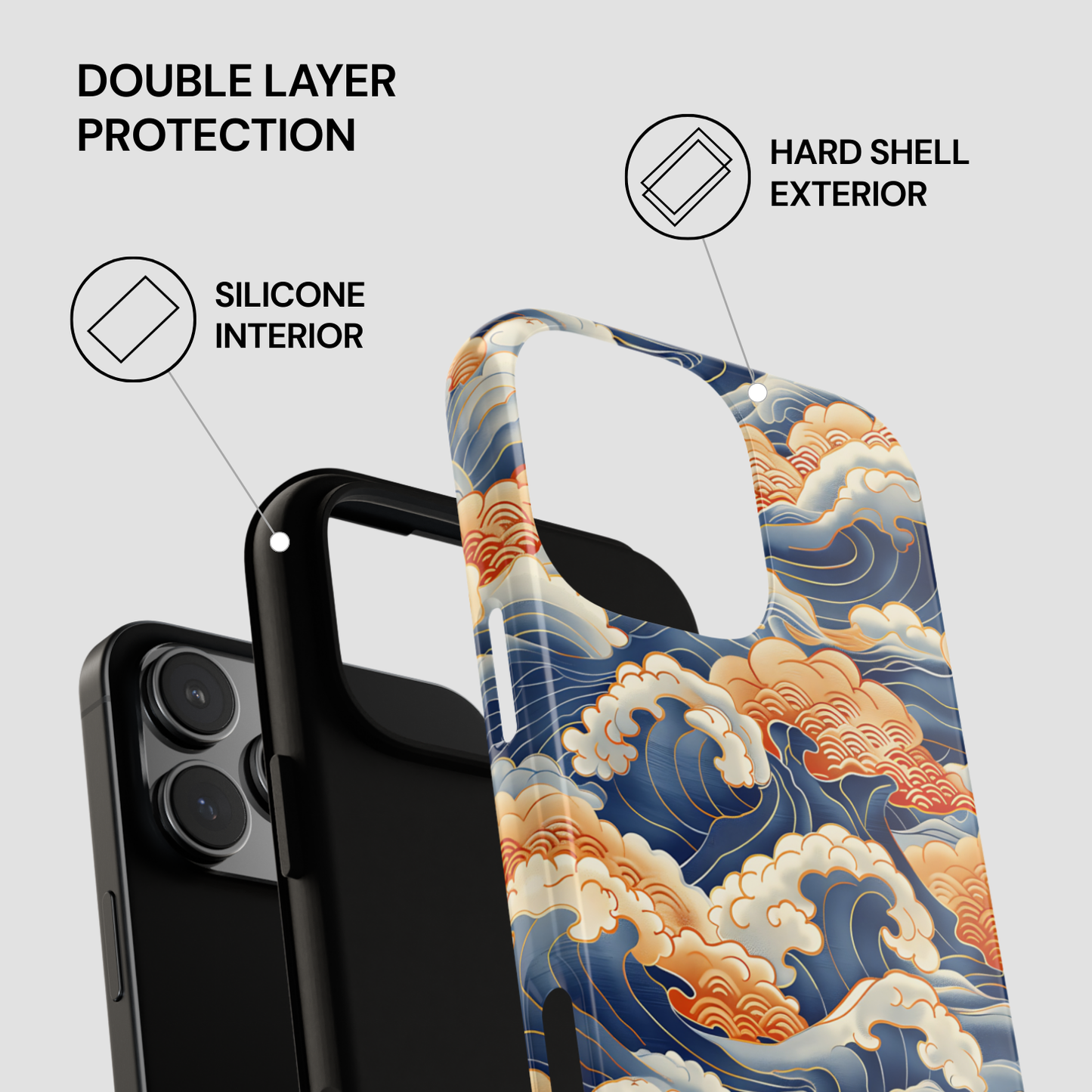 Phone case with double layer protection features and wave design.