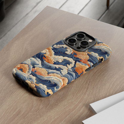 Phone case with wave design on a wooden surface