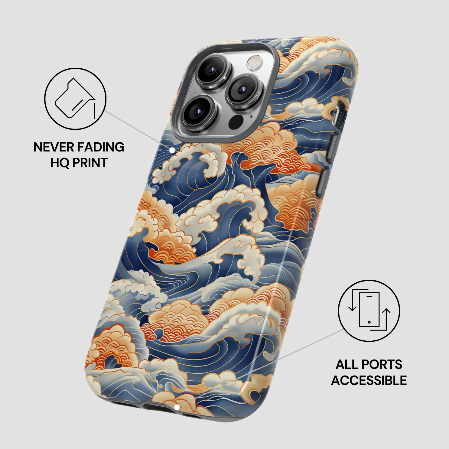 Phone case with wave design and text indicating 'Never Fading HQ Print' and 'All Ports Accessible'.