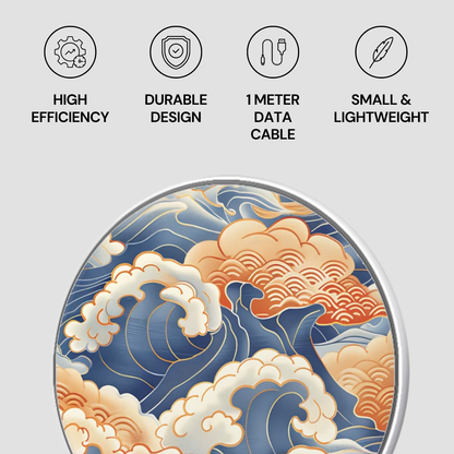 Product with wave design and features listed on a gray background