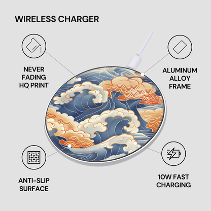 Wireless charger with wave design and feature text on a light gray background