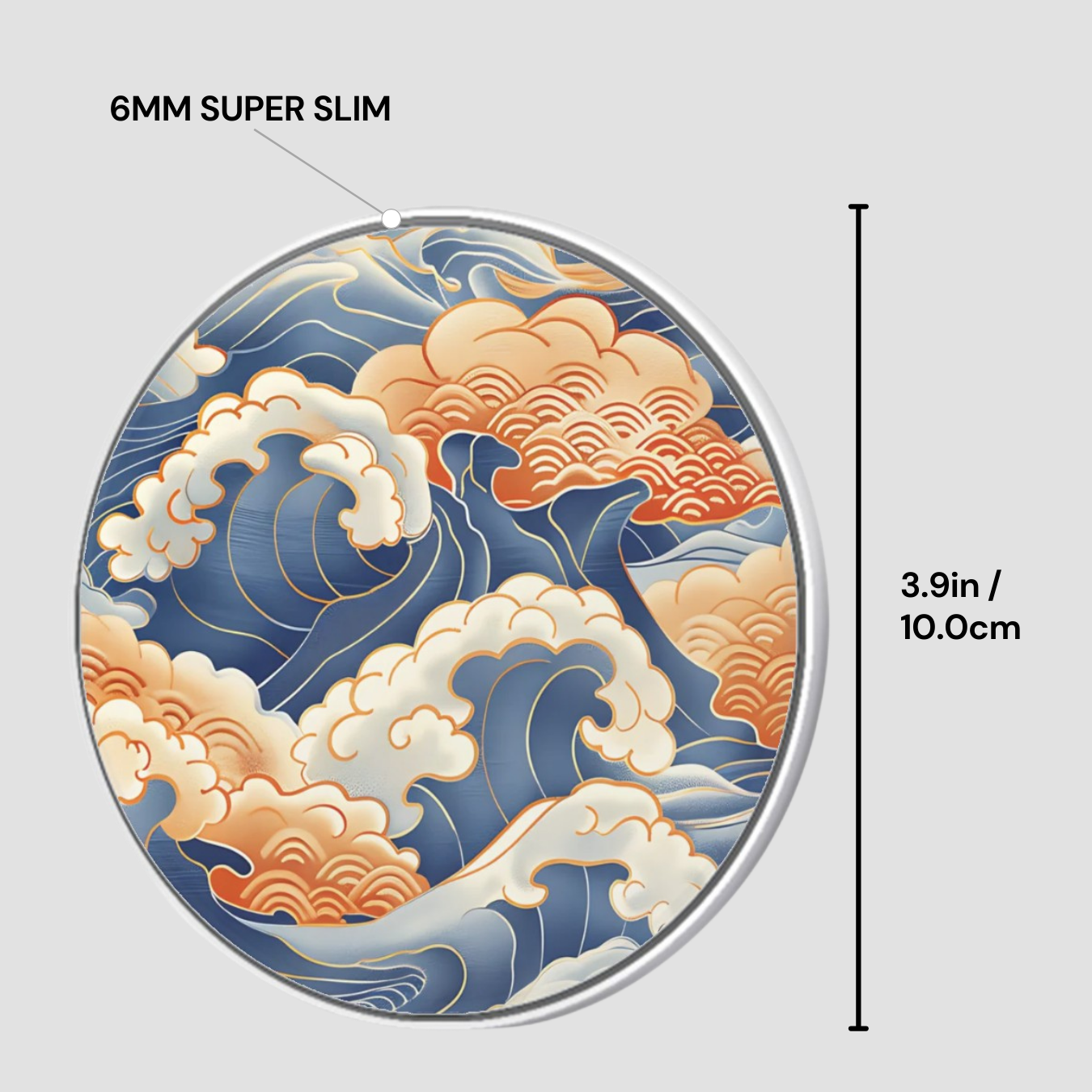 Circular wireless charger with wave design and measurement details on a light gray background