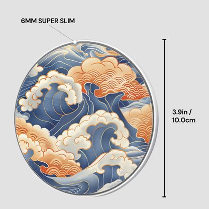 Circular wireless charger with wave design and measurement details on a light gray background