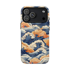 Phone case with wave and cloud design on a white background