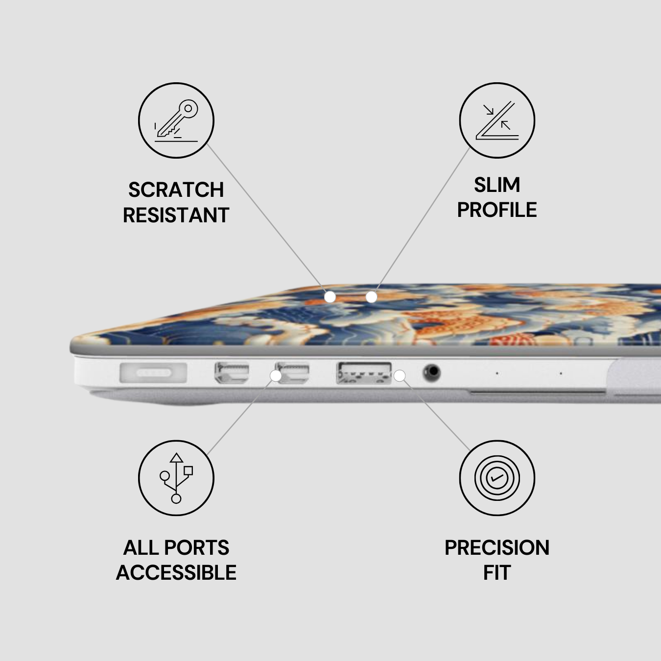 Laptop skin with features labeled on a light gray background