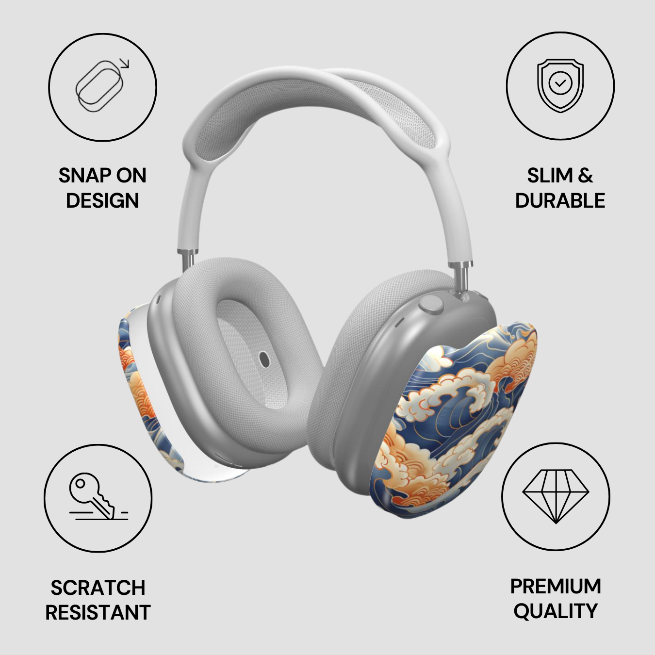 Gray headphones with decorative elements on a light gray background with feature icons.