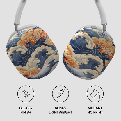 Headphones with wave design and features listed on a white background