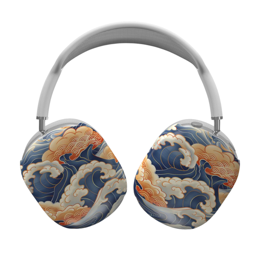 Headphones with a decorative wave pattern on a white background