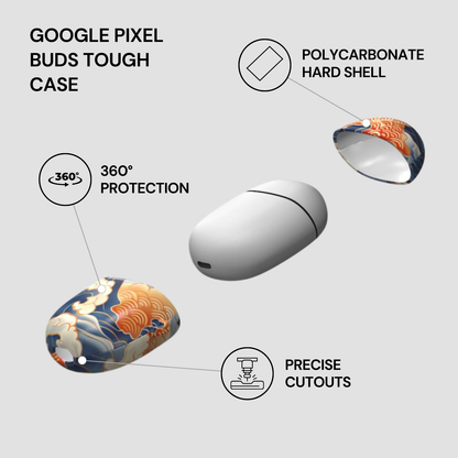 Google Pixel Buds Tough Case with features highlighted on a white background