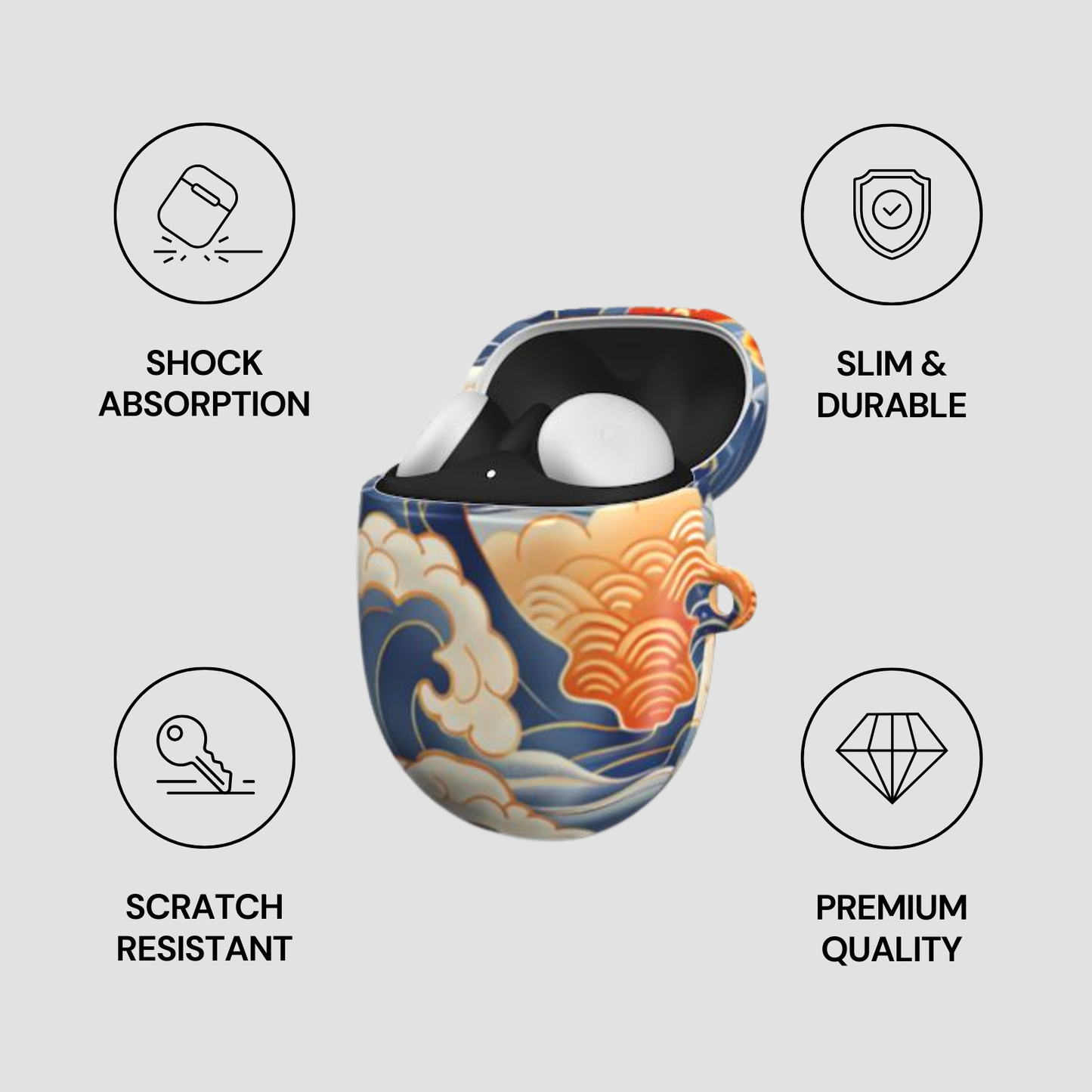 Pixel buds cases with wave design and features listed on a light gray background