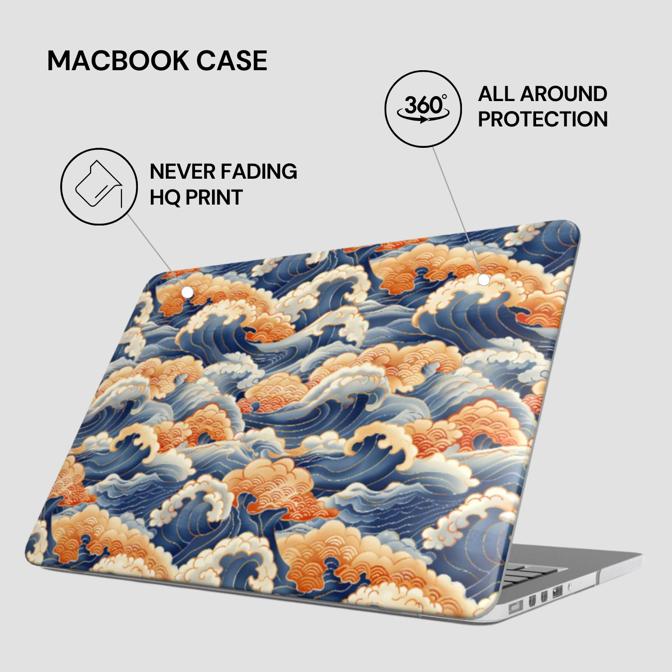 Laptop case with wave design and text highlighting features on a white background
